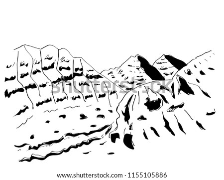 mountain scenery hand drawn sketch, for climbing sport,  mountaining, travel, tourism and extrim sport design
