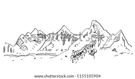 Alpine mountain scenery hand drawn sketch, in engraving etching style, for climbing sport,  mountaining, travel, tourism and extrim design
