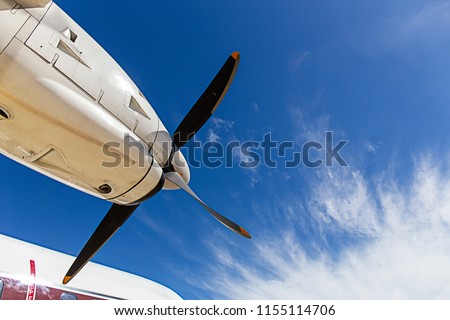 aircraft propeller blade and turboprop engines with blue sky background and copy space Royalty-Free Stock Photo #1155114706