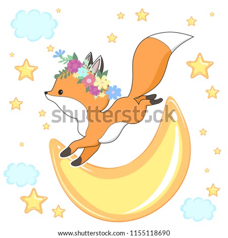 Cute red fox in a flower wreath with moon and stars can be used for baby t-shirt design, fashion print, cards, design element for children's clothes. Vector animal character