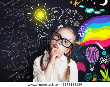 Pensive child school student with yellow lightbulb and school and childhood supplies design elements. Child ideas and development concept