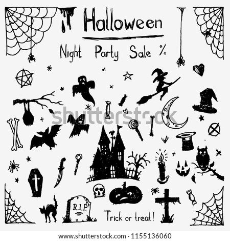 Halloween set. Decorative hand drawn elements for Halloween Party of Holiday Sale. Black silhouettes on white background. Trick or treat. Stock vector illustration. 
