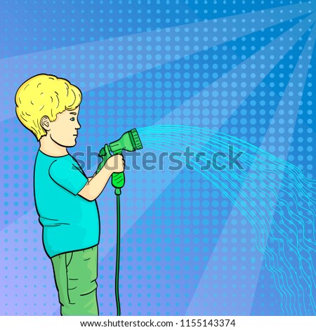 Pop art background. A child, a little boy watering a garden, a garden with a hose of water. Vector illustration