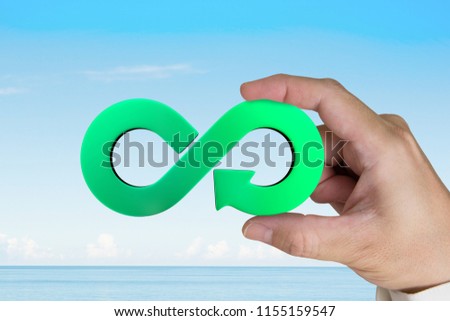 Circular economy concept. Hand holding green arrow infinity recycling symbol, with blue sky sea background.