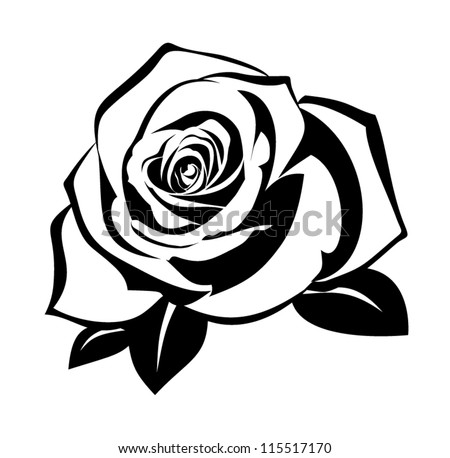 Black silhouette of rose with leaves. Vector illustration.