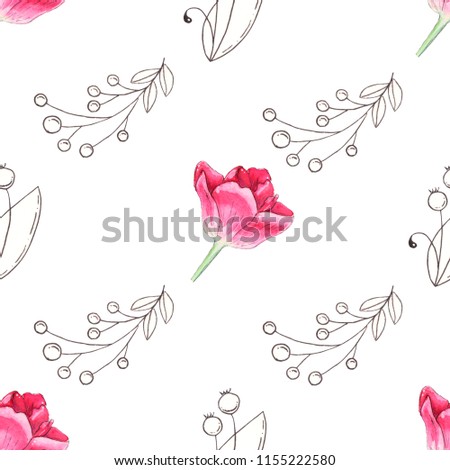 Watercolor seamless pattern with tulips and abstract branches on white background
