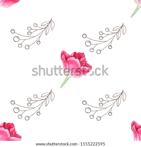 Watercolor seamless pattern with tulips and abstract branches on white background