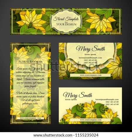 Corporate Identity Set of Floral Templates. Id Cards, Banner, Flyer Design. Beautiful Abstract Flowers, Elegant Feminine Motifs. Vector Illustration. Clipping Mask, Editable