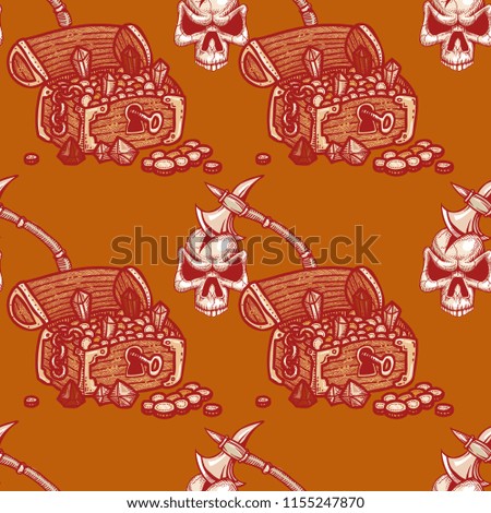treasure chest and skull with axe in it seamless pattern