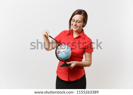 Portrait of business teacher woman in red shirt skirt glasses holding globe and wooden classroom pointer isolated on white background. Education teaching in high school university concept. Copy space