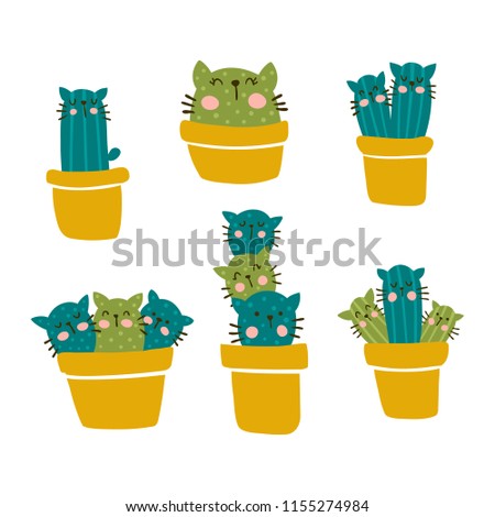 vector set of cute cactus with cat faces in pots