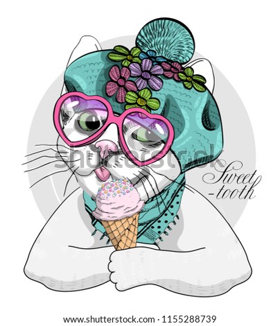 Vector cat with glasses, blue hat, scarf and  ice cream. Hand drawn illustration of dressed kitten. 