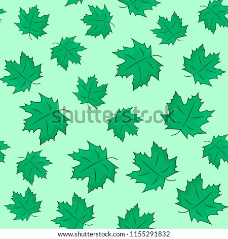 Pattern with green leaves on the green background. Vector illustration of maple  leaves