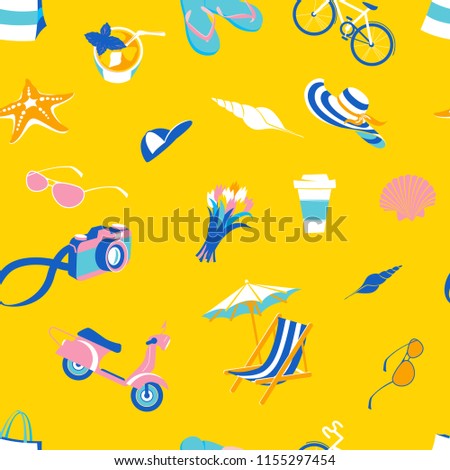 Vector illustration Summer beach party seamless pattern: seashells and starfish, cocktail and beach chair with umbrella, camera and scooter with bicycle. Flat style. White, pink, yellow, blue colours