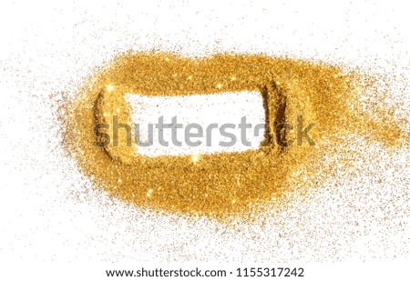 Abstract frame of golden glitter sparkle on white. Textured background with border for your design