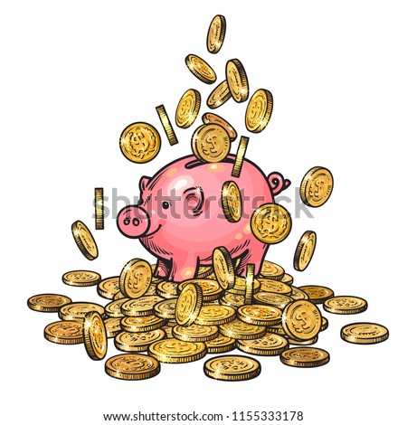 Cartoon piggy bank among falling gold coins on big pile of money. 2019 Chinese New Yea symbol. Wealth and success concept. Hand drawn sketch style vector illustration isolated on white background.