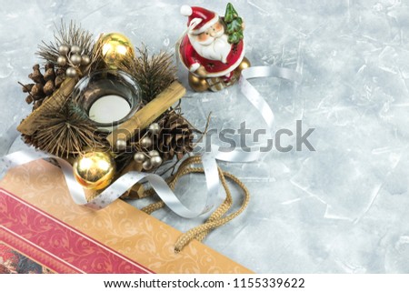 Christmas card. A composition of Christmas holidays on a white concrete background with copy space for your text.