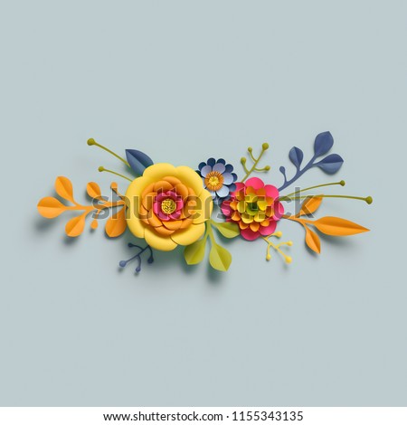 3d render, craft paper flowers, autumn botanical arrangement, festive floral bouquet, bright candy colors, nature clip art isolated on pale blue background, decorative embellishment border