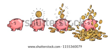 Cartoon piggy bank set. Empty, with one coin, with falling coins, heaped over money. Wealth and success concept. Hand drawn sketch vector illustration isolated on white background.