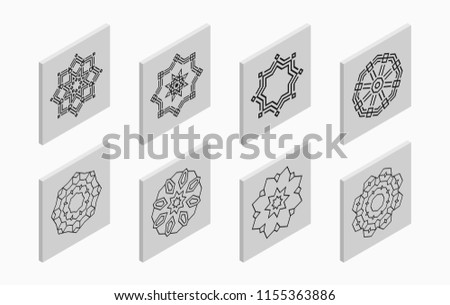 Isometric icons with abstract symmetric symbols. Flat 3D tiles, geometric logos, isolated on light gray background. Vector illustration.