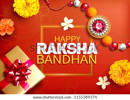 Greeting background with decorated rakhi and gift for Raksha Bandhan (Bond of protection and care) – Indian festival of sisters and brothers. Vector illustration.
 Royalty-Free Stock Photo #1155389374