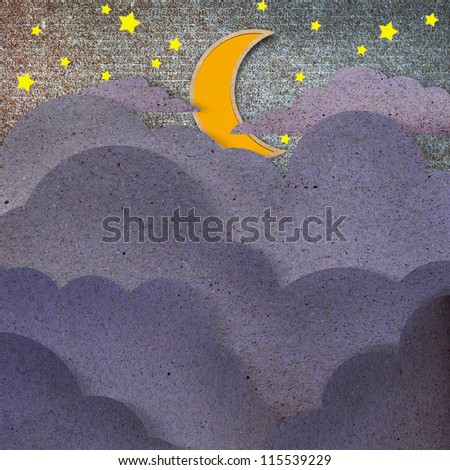The moon and black cloud recycled paper craft  on white background