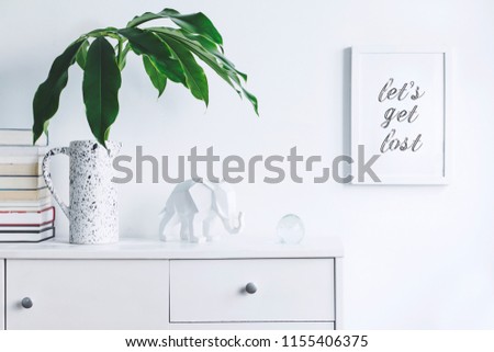 Stylish and modern white interior with mock up frame , elephant figures, stand of books and tropical leaf. White and minimalistic concept of cupboard shelf.