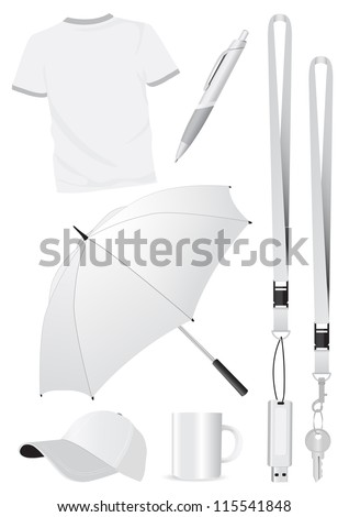 Illustration set of blank mock-up promotional gifts. All vector parts are isolated and grouped. Colors are easy to customize. Royalty-Free Stock Photo #115541848