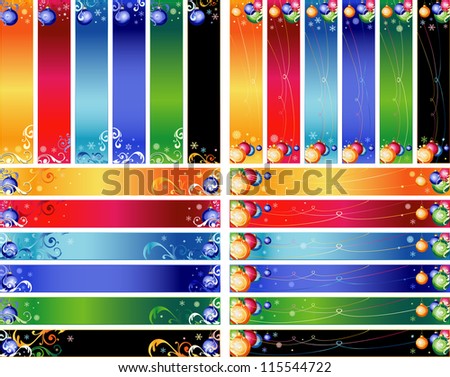 Christmas Banner Set with Balls and Snowflakes in Sizes: Skyscraper (120 x 600) and  Leaderboard (728 x 90).