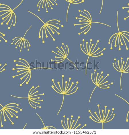 Yellow abstract flowers on blue seamless vector background. Scandinavian style. Abstract Dandelion wildflower pattern. Great as simple background for websites, banners, fabric, paper, wallpaper, cards