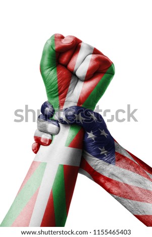 AMERICAN VS Pays Basque - cmjn, Fist painted in colors of Pays Basque - cmjn  flag, fist flag, country of Pays Basque - cmjn 