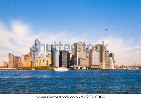 View of the New York City skyline looking toward the downtown Financial District