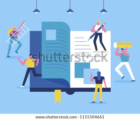 The concept that downsized people are making huge books. flat design style vector graphic illustration set