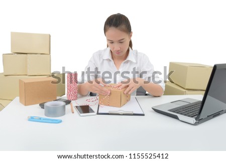 business owner woman working online shopping prepare product packaging process . isolated on white background with clipping path