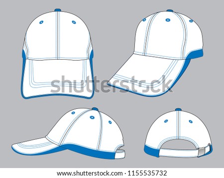 Sport Baseball Cap Design White-Blue And Contrast Stitching, Buckle Strap Vector.