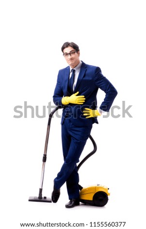 Handsome businessman with vacuum cleaner isolated on white backg