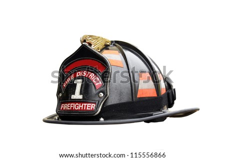 firefighter hat and leather badge isolated over a white background