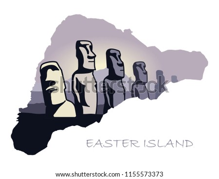 Map of Easter island with the image of attractions. Easter island statues in a landscape