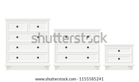 Drawer chest, dresser, bedside table. Vector. White furniture icon in flat design. Cartoon house equipment for bedroom and living room isolated on white background. Royalty-Free Stock Photo #1155585241