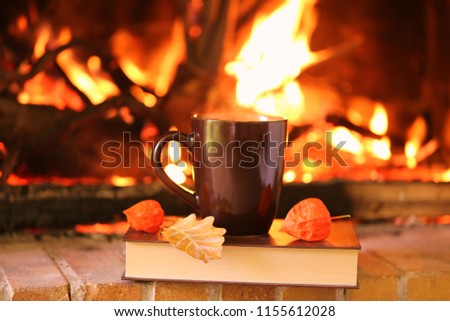 Books in Autumn. Autumn reading. book and tea  on a fireplace outdoor background.Cozy autumn mood. 