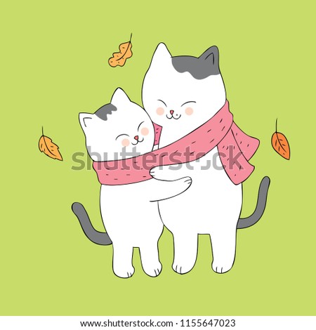 Cartoon cute Autumn mom and baby cat hugging vector.