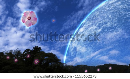 UFO like flowers are flying with giant planet behind.