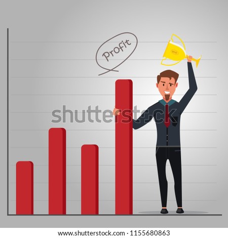 Businessman with trophy and bar graph, showing way to profit and success.