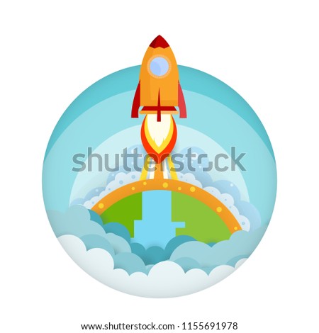 Rocket launch and smoke through cloud into space. Startup - flat design. Vector illustration.