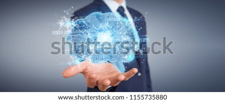 Businessman on blurred background creating artificial intelligence in a digital brain 3D rendering