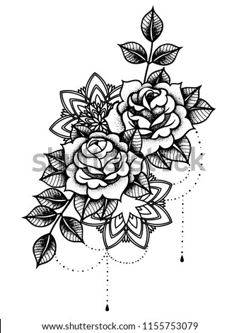Rose Tattoo, mystic symbol. Flower with string of beads. Flower Mandala. Vintage decorative elements. Vector illustration art. Traditional art tattoos. Royalty-Free Stock Photo #1155753079