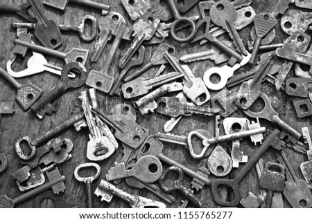 Collection of a variety of old keys. secret behind the wooden doors. Creative decorative background for design. Retro style