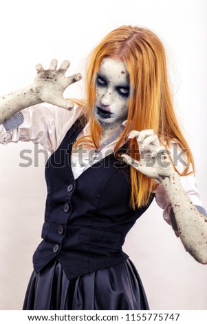 zombie girl attack with yellow hair in attack pose on white background