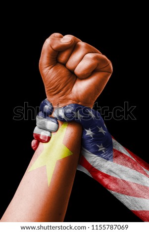 AMERICAN VS VIETNAM, Fist painted in colors of VIETNAM flag, fist flag, country of VIETNAM