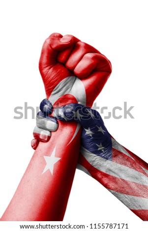 AMERICAN VS Turkey, Fist painted in colors of Turkey flag, fist flag, country of Turkey